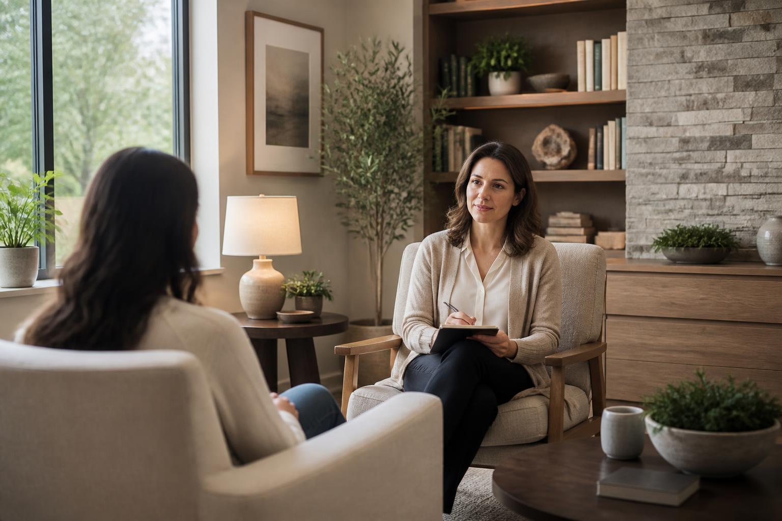 Calm psychiatric care office with warm natural light and neutral furnishings.