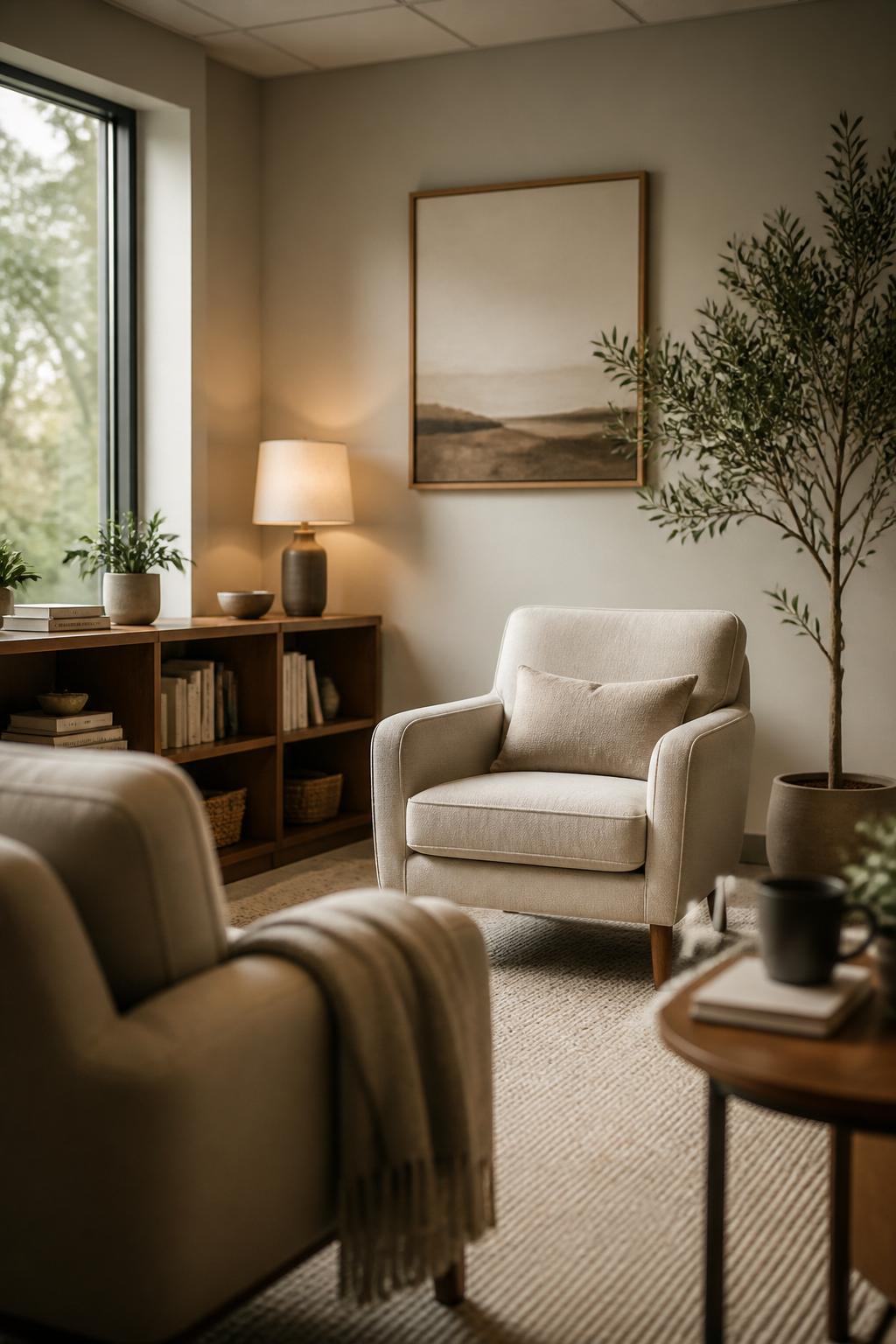 Inviting therapy room with soft light and warm neutral finishes.